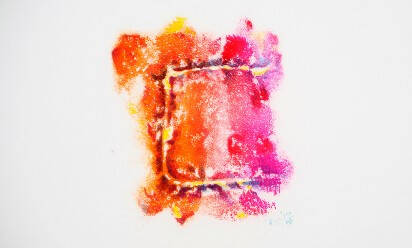 Print of a "c" shaped scar in orange and pink.